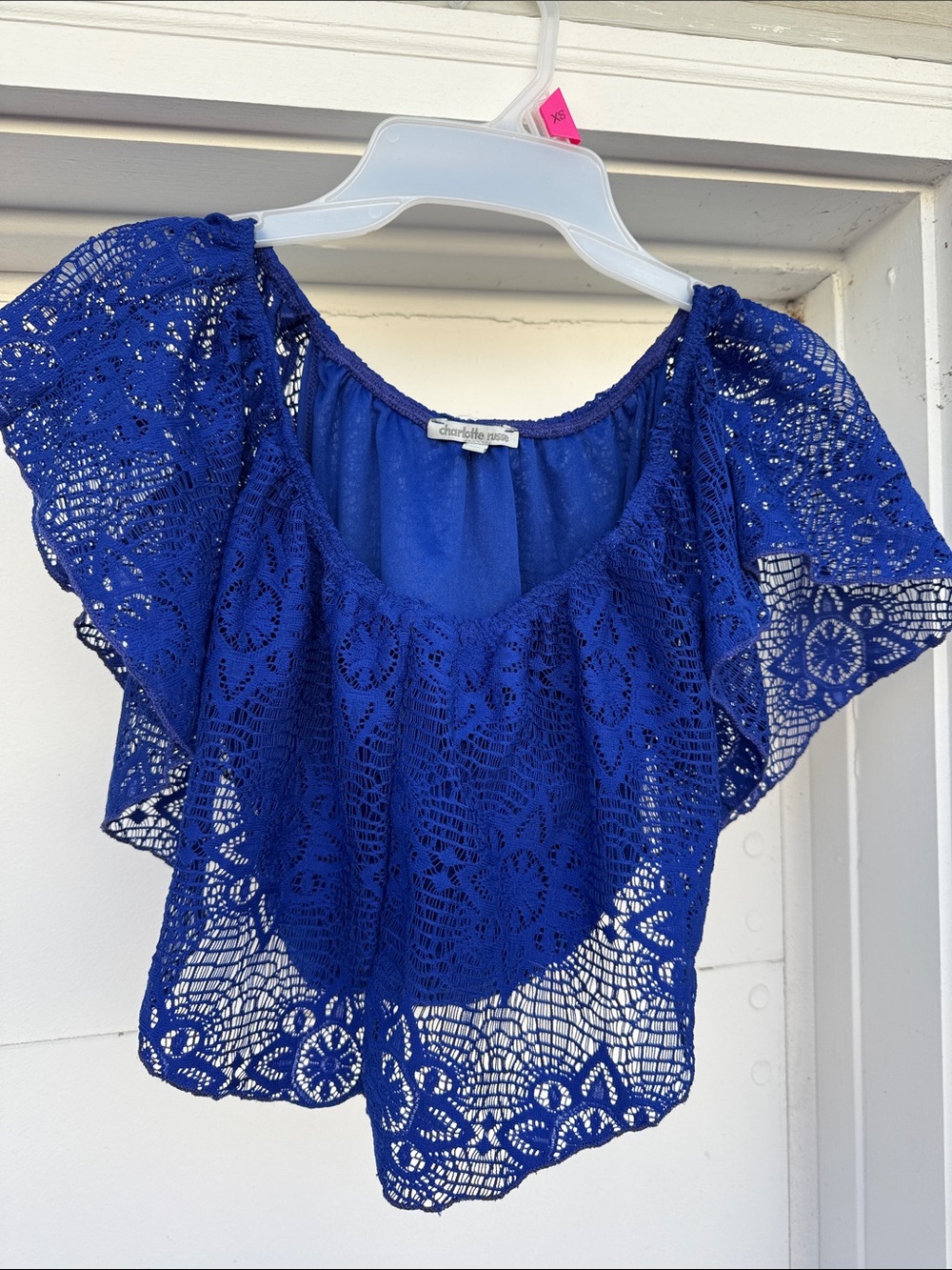 Charlotte Russe Cobalt Blue Crochet Lace Flutter Sleeve Top